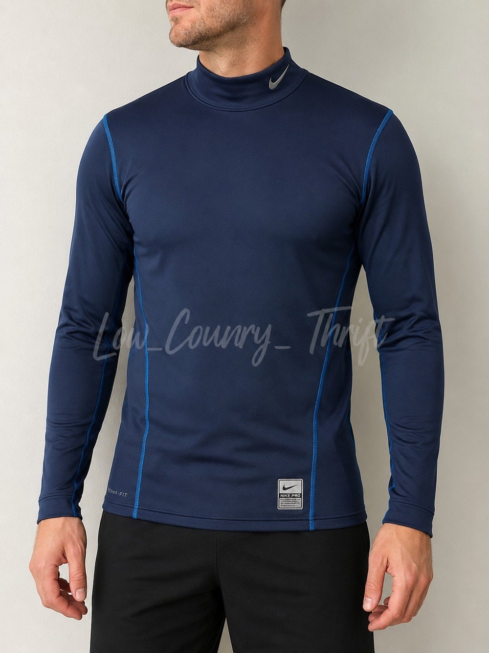 Nike Pro Therma FIT Men's Large Navy Blue Long Sleeve Mock Neck Shirt